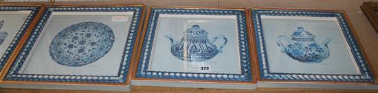 4 blue teapot prints